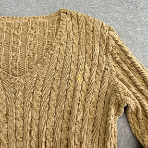 ralph lauren cable knit v neck gold sweater - Picture 3 of 3